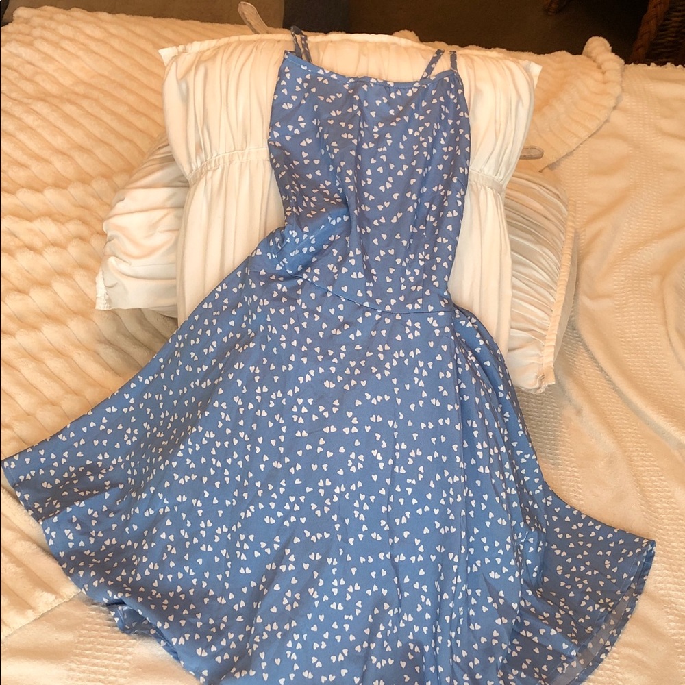 🤍💙SHEIN Light Blue Spaghetti Strap Backless Summer Dress with White Heart Print